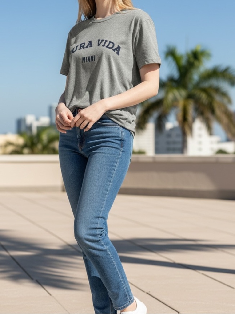 Pura Vida Heather Gray Tee with Navy Print